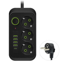 Сетевой удлинитель / адаптер 2500 Вт 8 в 1 с 3 розетками переменного тока и 4 USB + 1 Type-C, 2 м, черный (008s) Сетевой удлинитель / адаптер 2500 Вт 8 в 1 с 3 розетками переменного тока и 4 USB + 1 Type-C, 2 м, черный (008s)