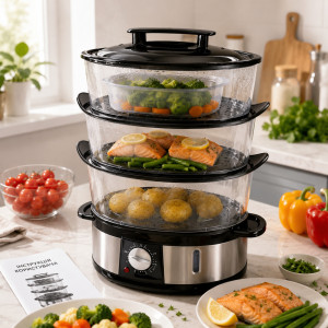Пароварка электрическая трехярусная T.K. Line TK00269 (12 л, 2000 Вт) с чашей для риса и таймером, кухонный электроприбор для здорового питания (0150)