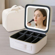 Дорожная БЕЛАЯ тканевая косметичка-чемоданчик с зеркальцем Make Up (028z)