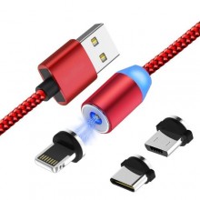 Магнитный кабель 3в1 для зарядки micro USB | Lightning | USB type C Magnetic USB Cable в оплётке Красный
