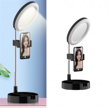 Настольное зеркало с подсветкой LED для макияжа круглое 16 см Live Makeup G3 Лампа с держателем для смартфона черная KLD-787